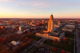 Downtown Lincoln Nebraska during the fall and dusk