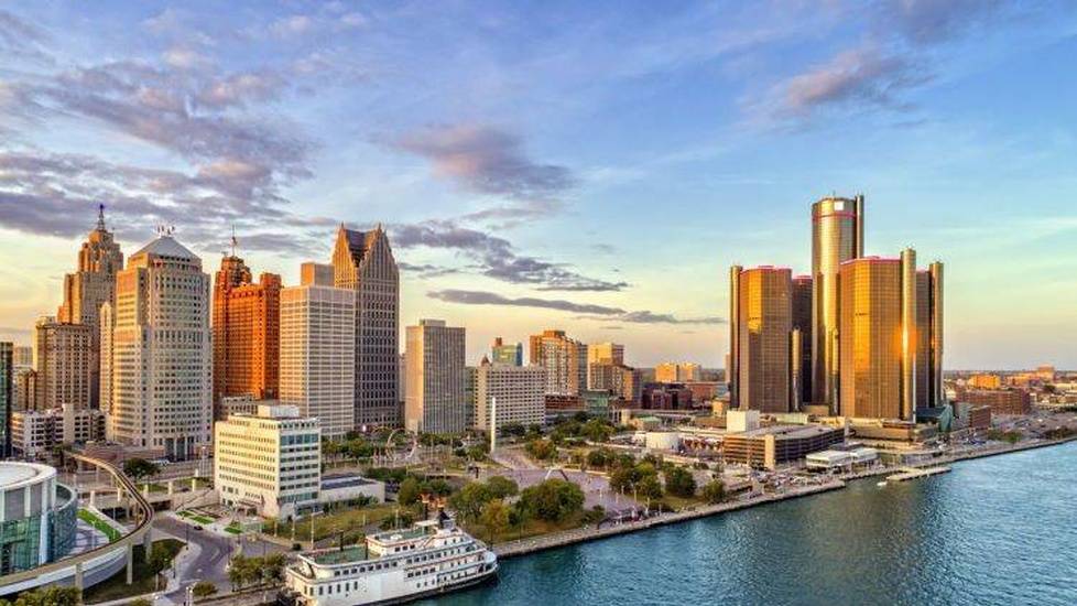 View of Detroit from the lake at sunrise