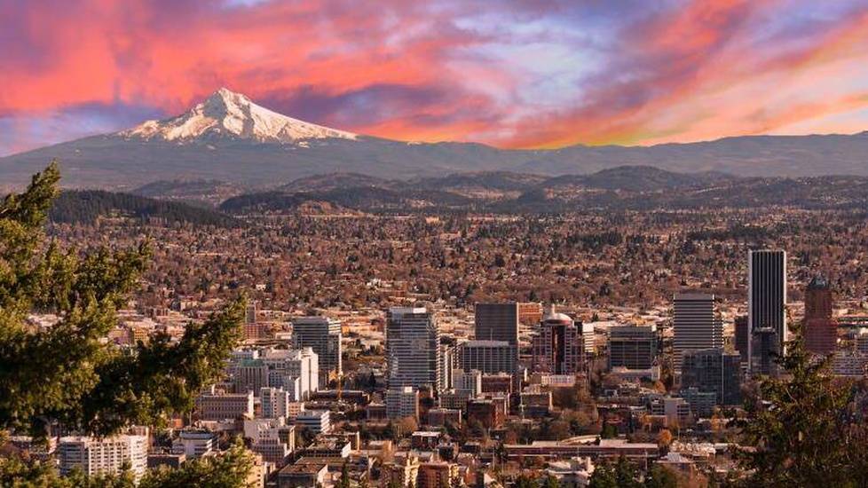 Sunset over Portland Oregon with Mt Hood in background